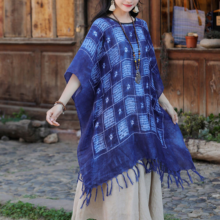 Jersey suave con borlas y chal a cuadros con bloques de Color azul de Buddha Stones 90*95cm