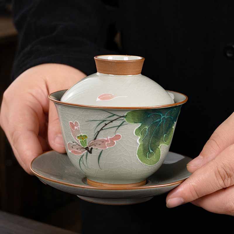 Buddha Stones, loto, pez Koi, hoja de vaina, taza de té de cerámica Gaiwan Sancai, taza de té de Kung Fu y platillo con tapa, 140ml