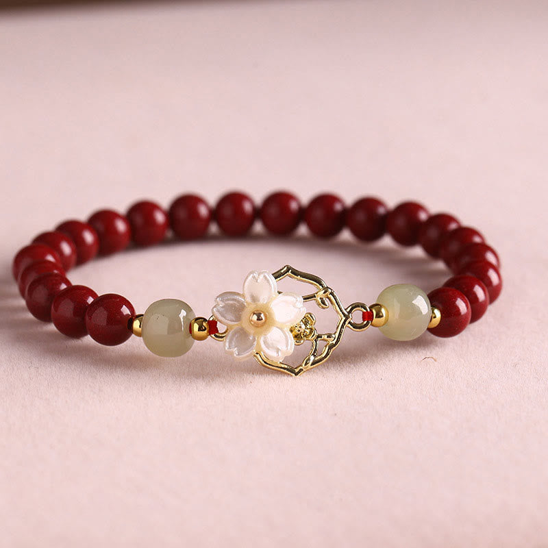 Pulsera de bendición de flores de piedra Tridacna con cuentas de jade cinabrio Natural de Buddha Stones