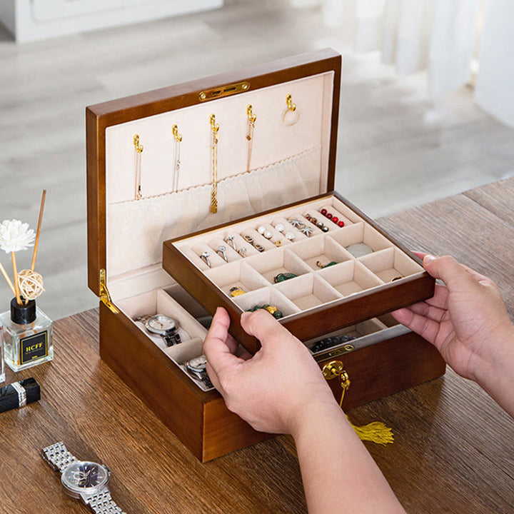 Caja de joyería de madera vintage con Buddha Stones, caja de almacenamiento de joyería de madera maciza de dos capas