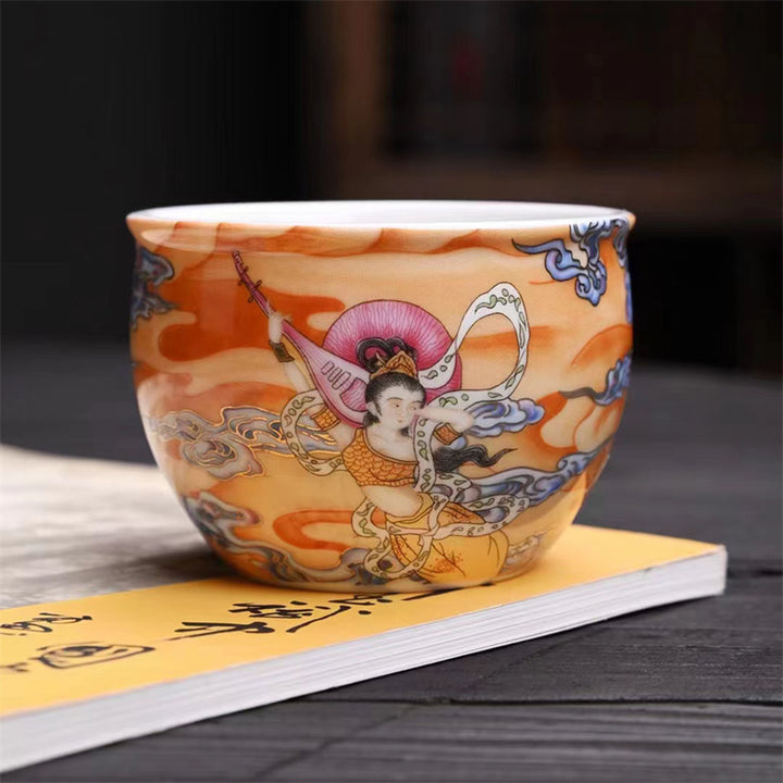 Taza de té de Kung Fu con Buddha Stones, Color Dunhuang, Apsaras voladoras