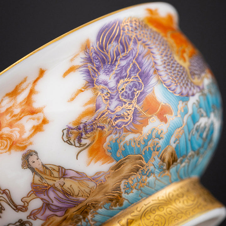 Taza de té de cerámica dorada con Buddha Stones, águila dorada, dragón auspicioso, sol, olas del océano, taza de té de Kung Fu