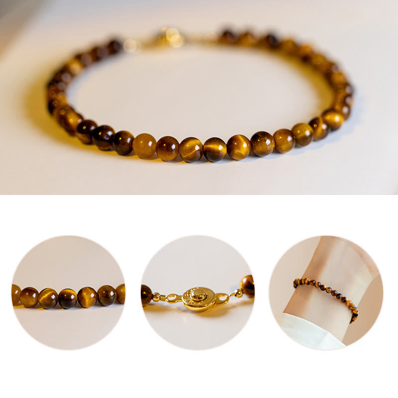 Buddha Stones Pulsera de protección de coraje con piedra de ojo de tigre natural chapada en oro de 14 quilates