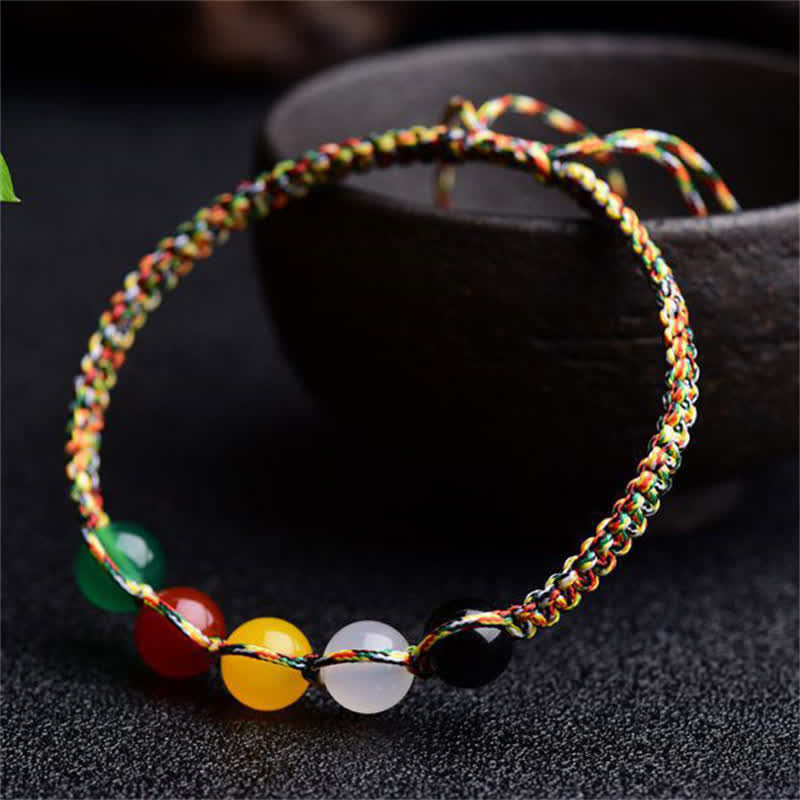 Pulsera de hilo de cinco elementos de ágata colorida, metal, madera, agua, fuego, tierra