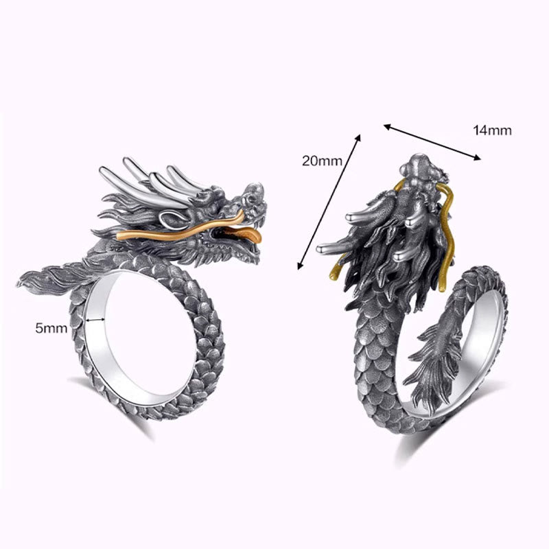 Anillo ajustable de fuerza de protección con diseño de dragón vintage de plata de ley 925 con Buddha Stones