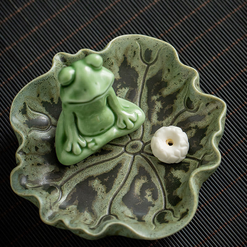 Quemador de incienso de cerámica curativo con patrón de rana para meditación de hojas de Buddha Stones, decoración