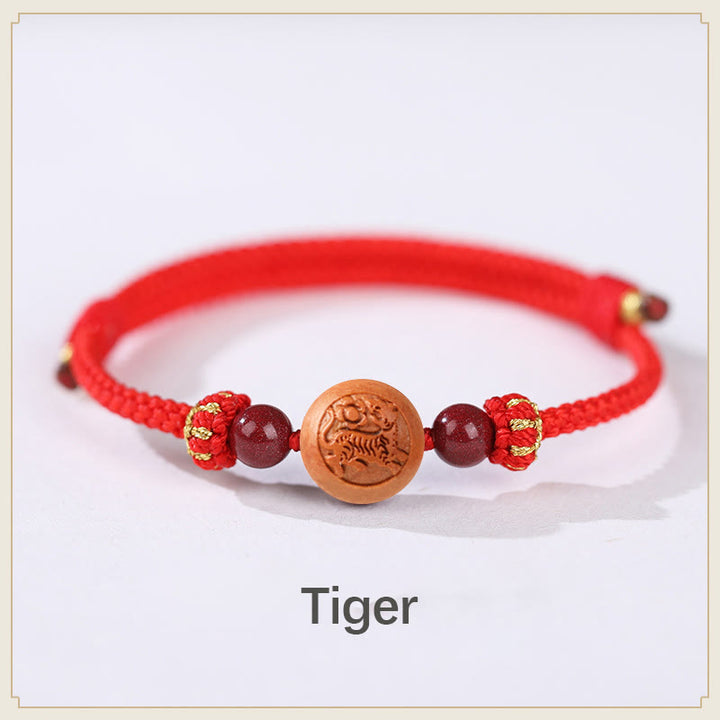 Pulsera de riqueza de cinabrio tallada con carácter del zodíaco chino, madera de melocotón Natural, Buddha Stones