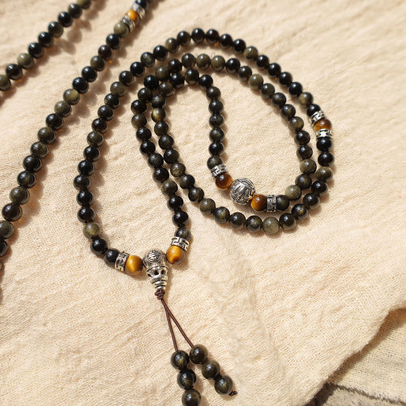Collar Pulsera Energía Obsidiana Dorada