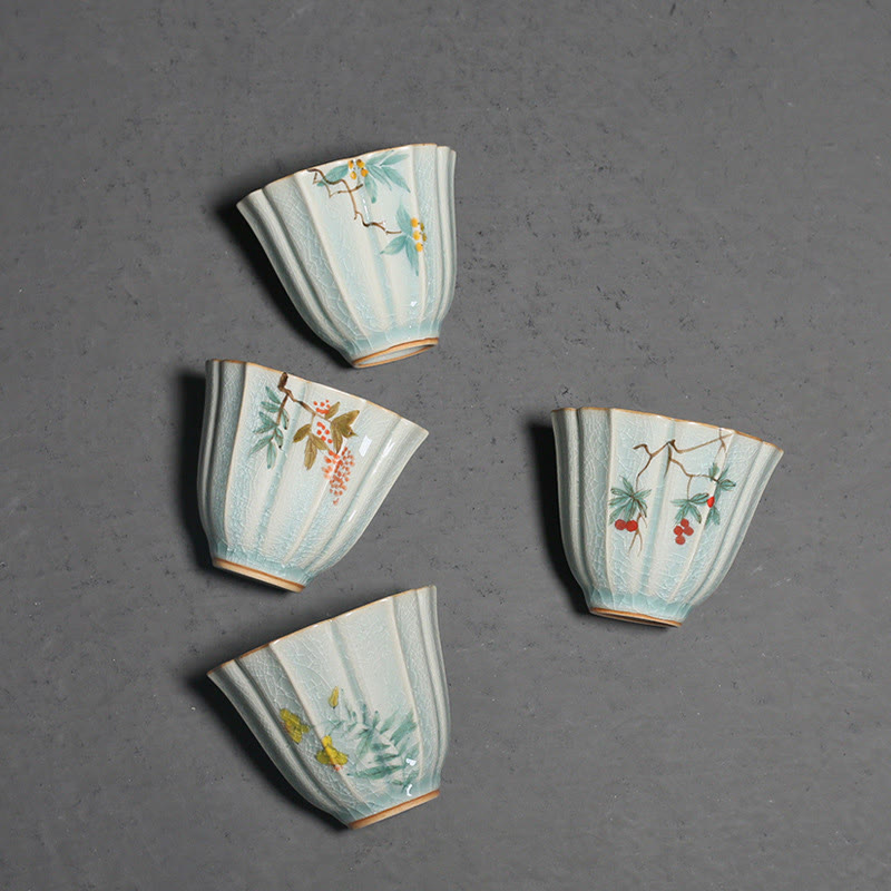 Taza de té de cerámica de Kung Fu con Buddha Stones , níspero, cornejo, espino, gloria de la mañana