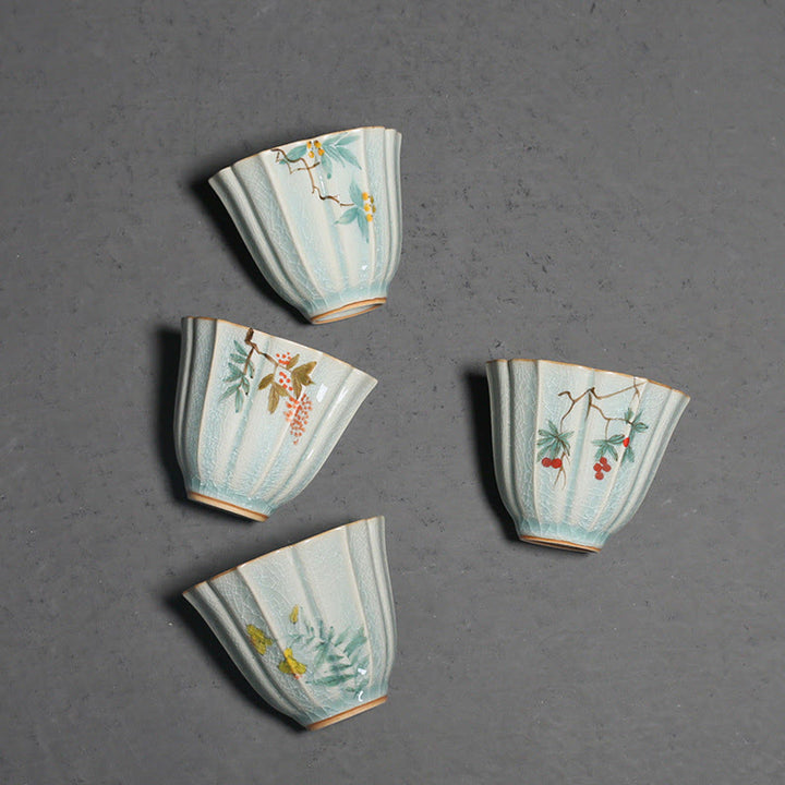 Taza de té de cerámica de Kung Fu con Buddha Stones , níspero, cornejo, espino, gloria de la mañana