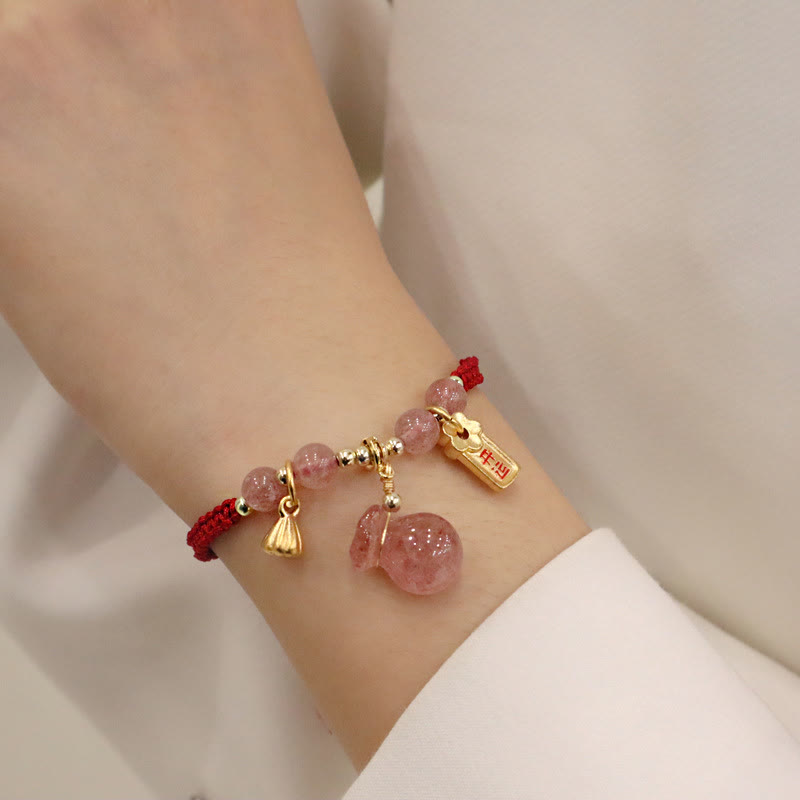 Pulsera trenzada de hilo rojo con Buddha Stones, bolsa de dinero de cuarzo fresa Natural, amuleto curativo de loto