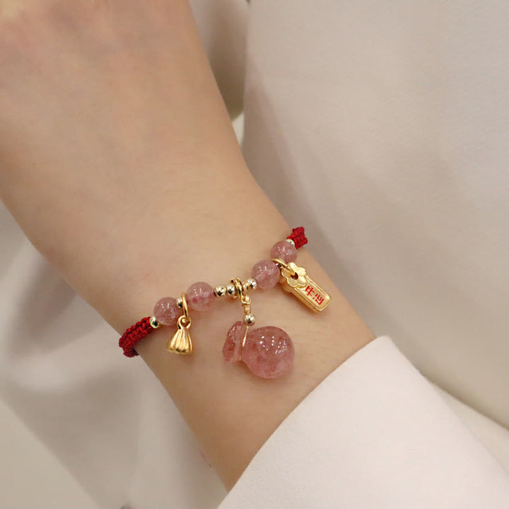 Pulsera trenzada de hilo rojo con Buddha Stones, bolsa de dinero de cuarzo fresa Natural, amuleto curativo de loto
