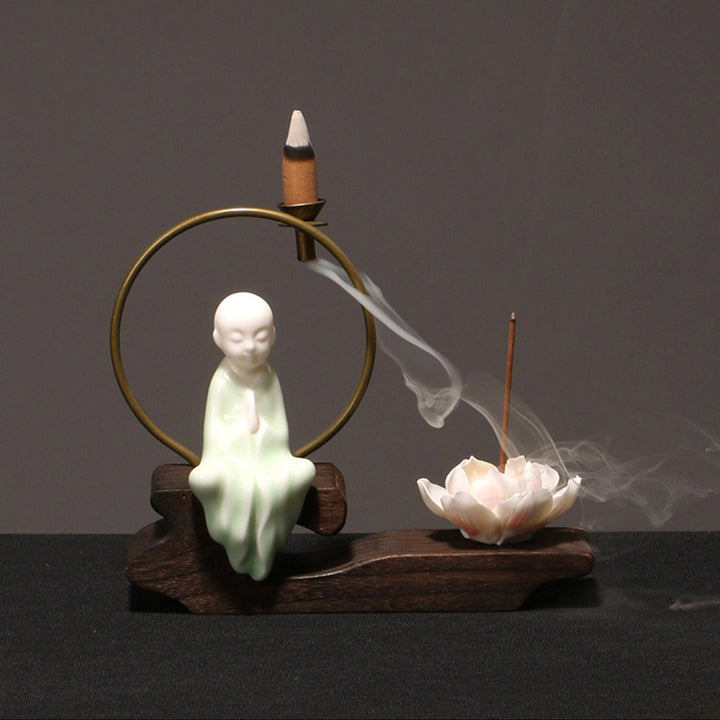 Quemador de incienso de meditación curativa de loto de cerámica con Buddha Stones , decoración