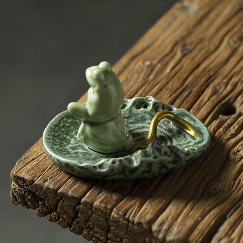 Quemador de incienso de cerámica curativo con patrón de rana para meditación de hojas de Buddha Stones, decoración