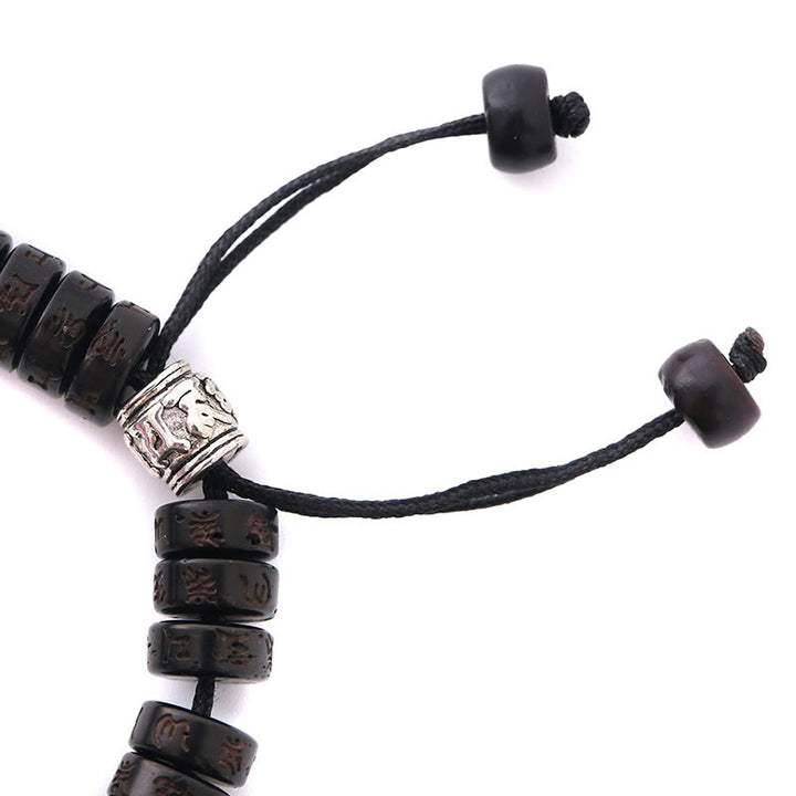 Buddha Stones Tíbet cáscara de coco tallada Om Mani Padme Hum Dorje Vajra Bell pulsera de cuerda de felicidad