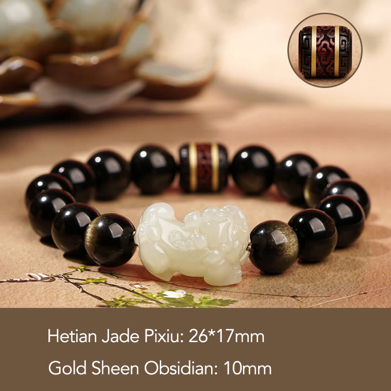 Buddha Stones Brillo de oro natural Obsidiana Hetian Cian Jade Blanco Jade PiXiu Pulsera de riqueza