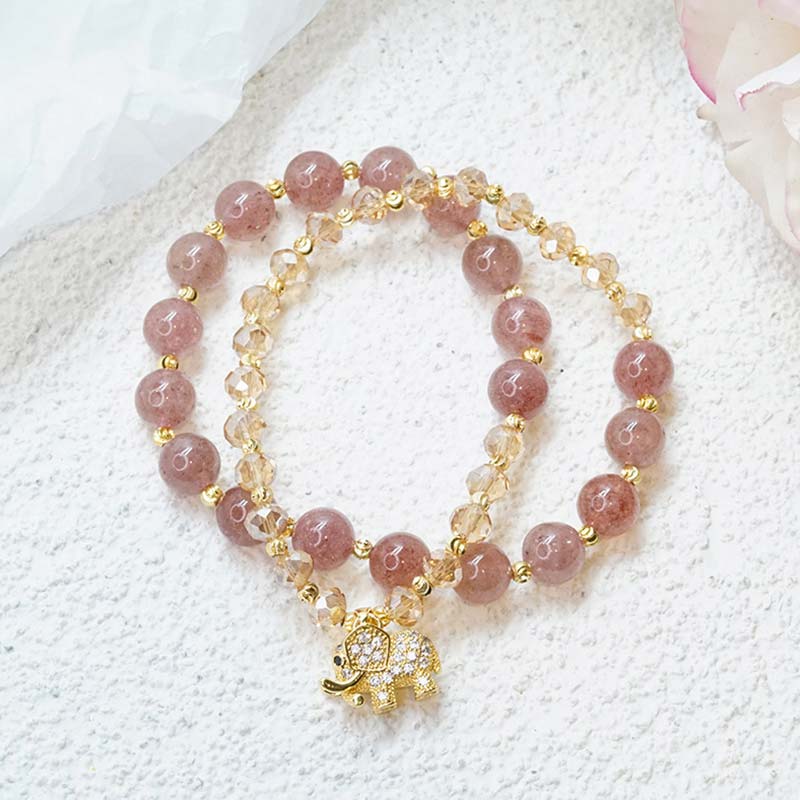 Pulsera con dijes de energía curativa de elefante de cuarzo rosa con Buddha Stones