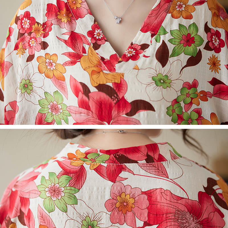 Vestido midi con flores rojas, azules y verdes de Buddha Stones Vestido de media manga de algodón con bolsillos