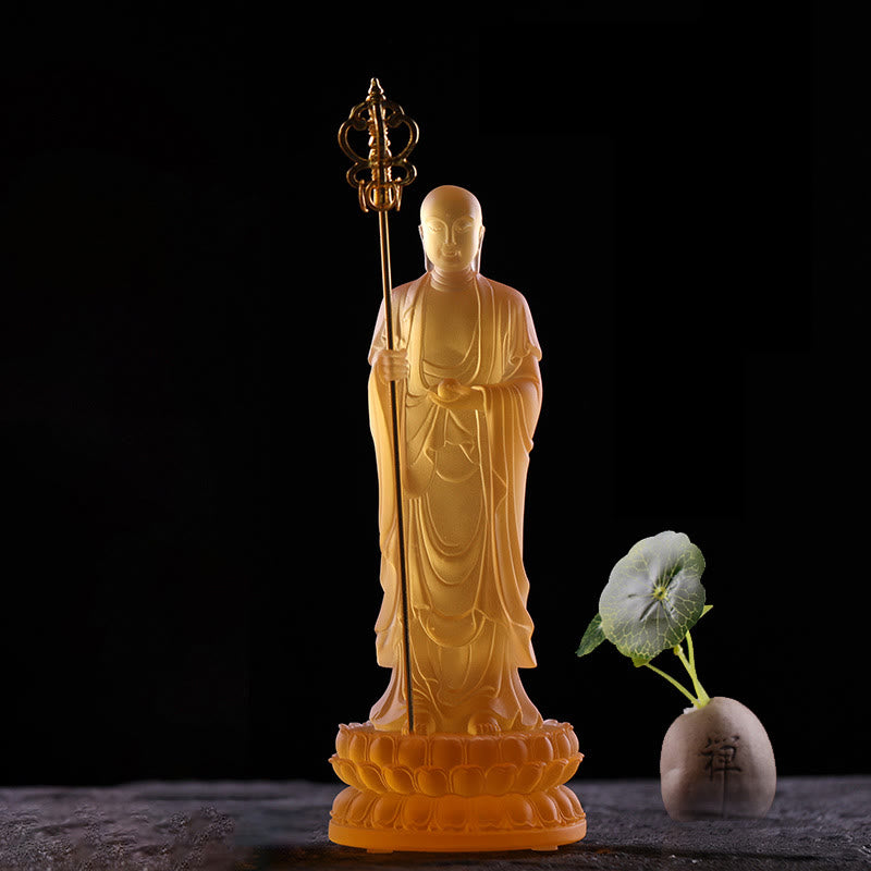 Buddha Stones hechas a mano, estatuilla de Bodhisattva Ksitigarbha, pieza de arte de cristal Liuli, estatua de serenidad, decoración del hogar