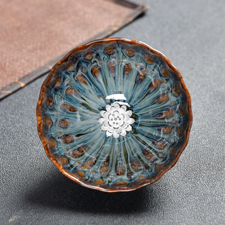 Tazas de té de cerámica con incrustaciones de Buddha Stones , loto, pavo real, dragón, fénix, pez koi, 120 ml - image 17