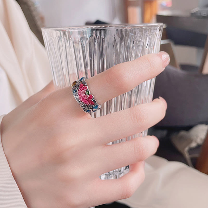 Anillo de prosperidad de flor de loto con pez koi de plata de ley 925 con Buddha Stones