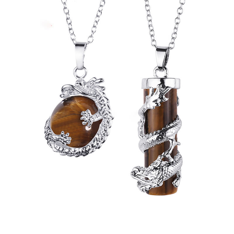 Buddha Stones 2 piezas dragón envuelto bola redonda piedra preciosa pareja collar colgante