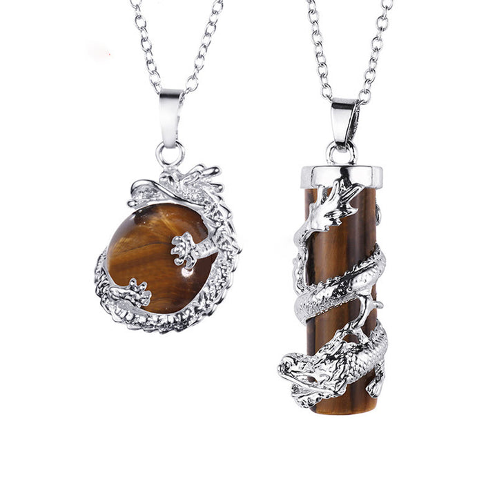 Buddha Stones 2 piezas dragón envuelto bola redonda piedra preciosa pareja collar colgante