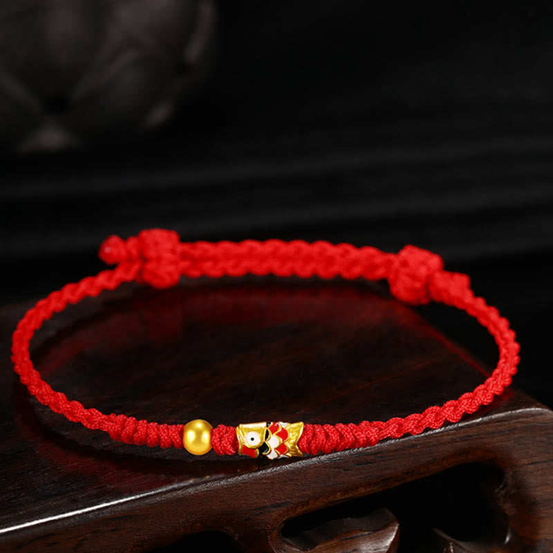 Pulsera de hilo trenzado hecha a mano con pez Koi de la suerte de oro 999 de Buddha Stones