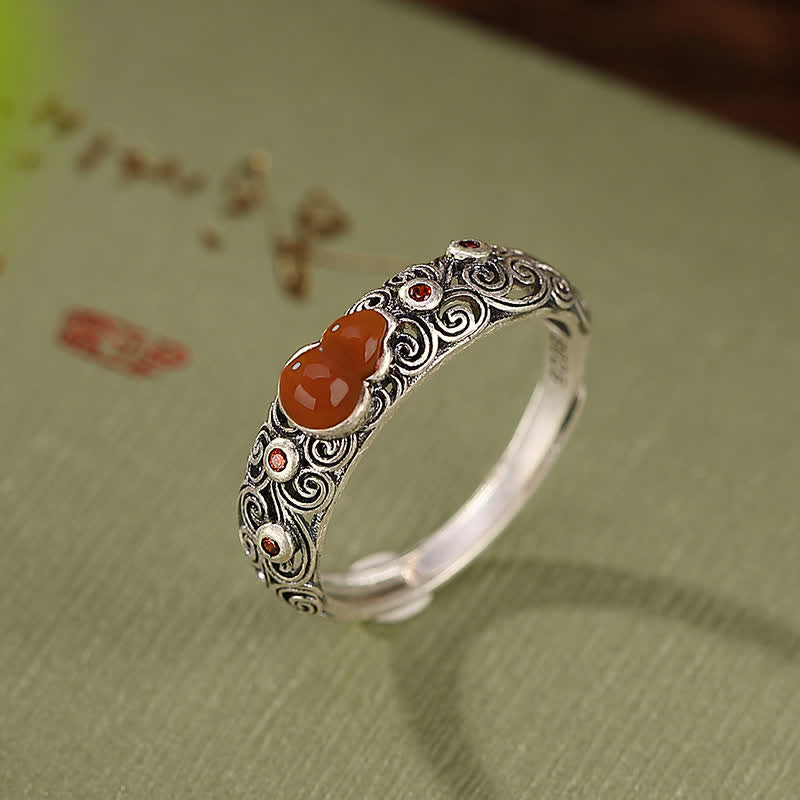 Anillo auspicioso de bendición de calabaza de jade cian de ágata roja de plata de ley 925
