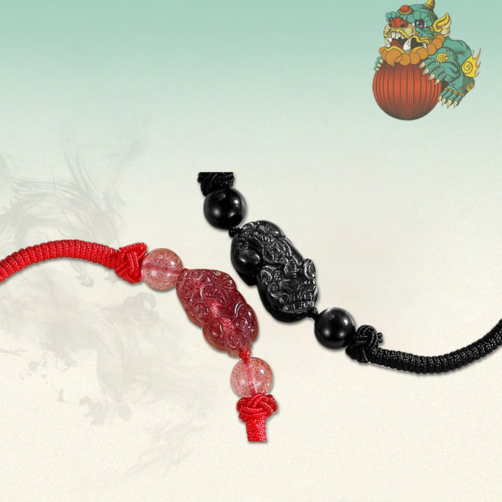 Pulsera trenzada de protección PiXiu de cuarzo fresa obsidiana con brillo de plata Natural hecha a mano con Buddha Stones