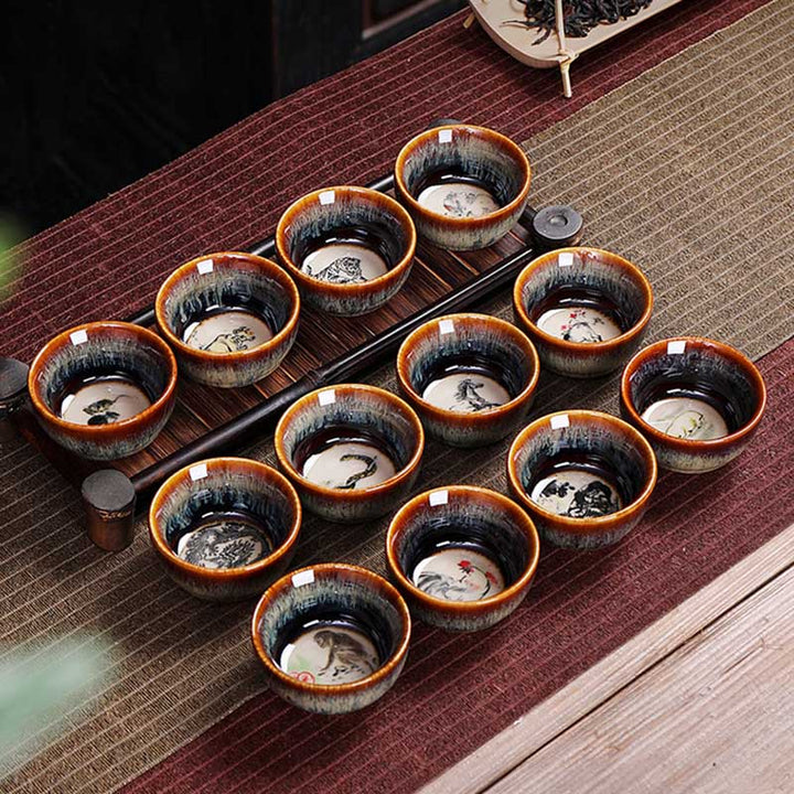 Taza de té de cerámica con diseño del zodíaco chino, 12 Buddha Stones, Kung Fu Jian, taza de té chino Zhan, 73ml