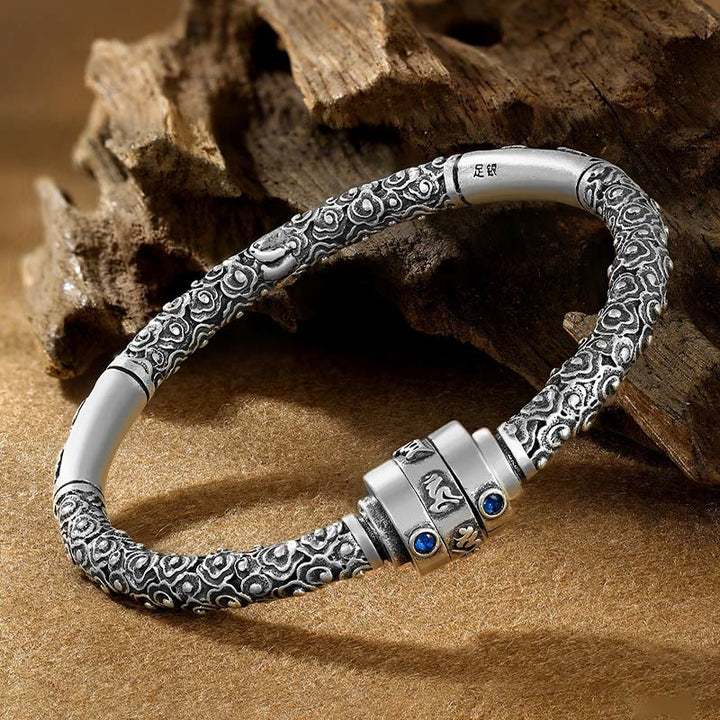 Pulsera de creatividad grabada con Buddha Stones de plata de ley 990, nubes auspiciosas tibetanas, Om Mani Padme Hum