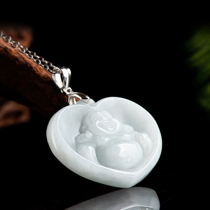 Colgante de plata de ley 925 con Buddha Stones , diseño de Buda sonriente, jade blanco, bendición de la suerte - image 3