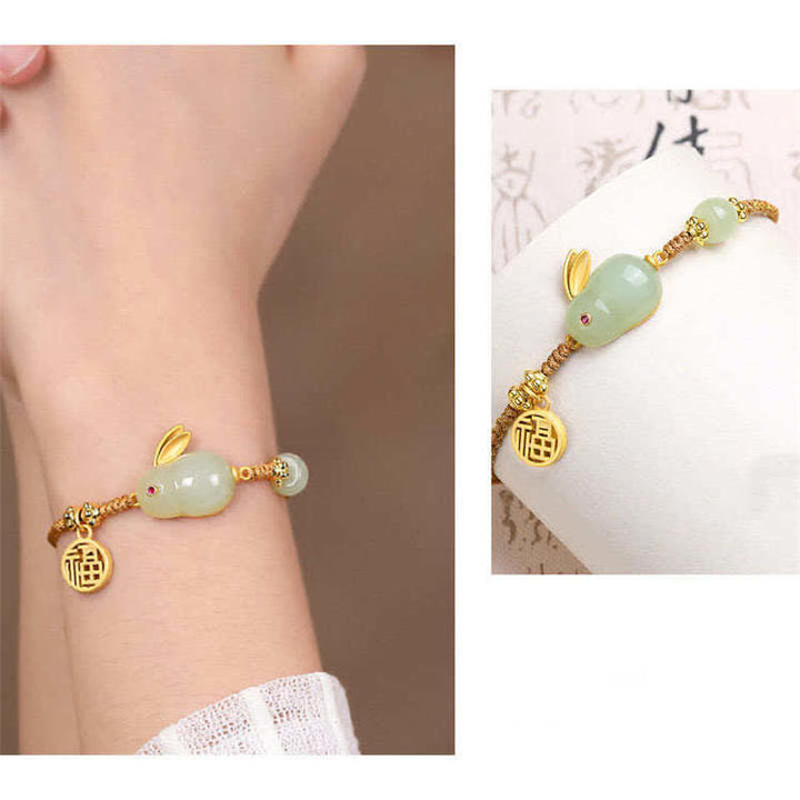Buddha Stones Año del Conejo Hetian Jade Felicidad Bendición Riqueza Pulsera de Hilo