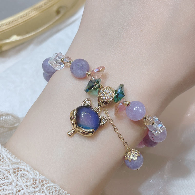 Pulsera de la felicidad con dije de zorro de jade púrpura natural con Buddha Stones