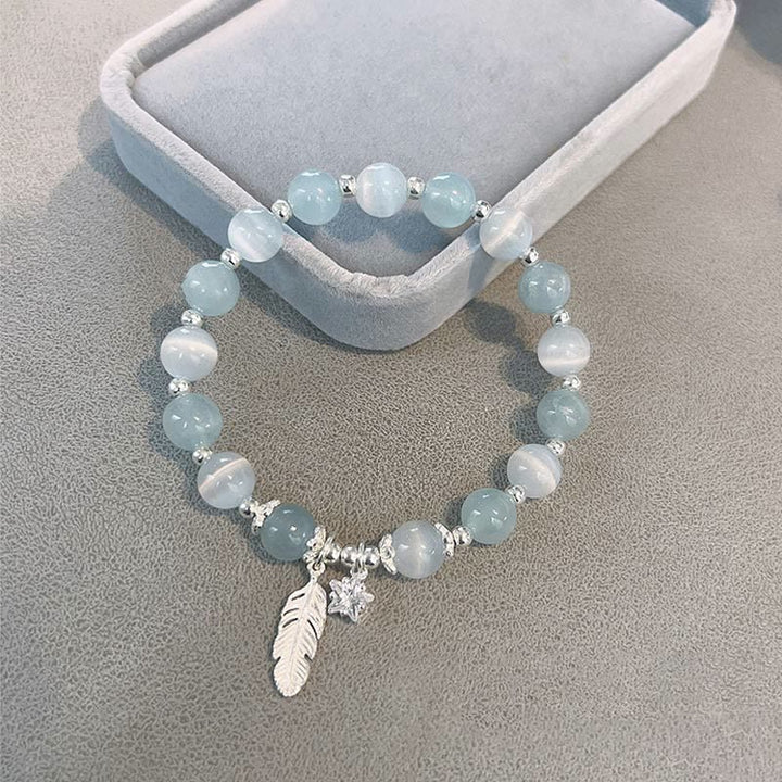 Pulsera con dije de estrella y plumas curativas de ojo de gato, aguamarina, plata de ley 925 con Buddha Stones