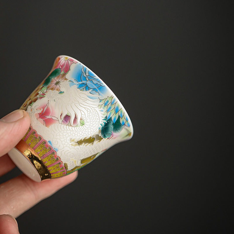 Taza de té de cerámica con flores de Fénix y dragón de Buddha Stones , taza de té de Kung Fu de 50ml