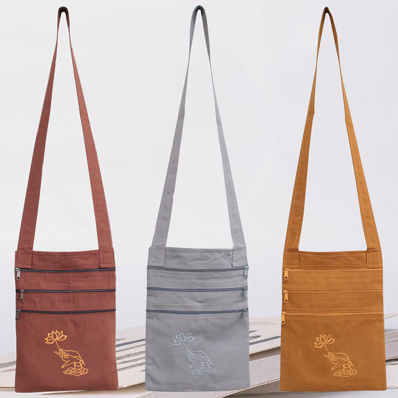Bolso bandolera de algodón bordado con loto para práctica de la mente espiritual