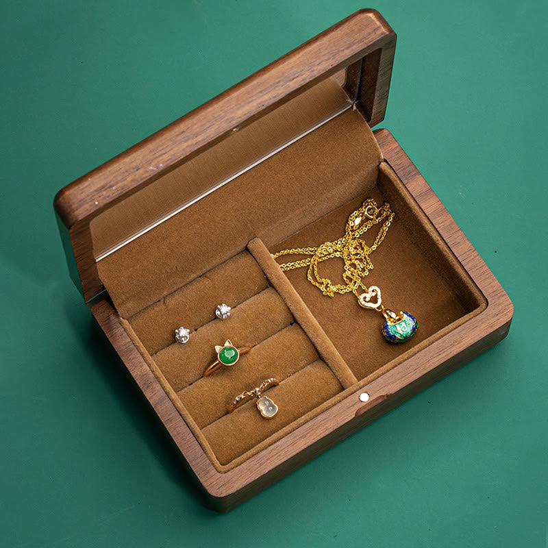 Caja de almacenamiento de joyería vintage hecha a mano de madera de nogal negro con espejo
