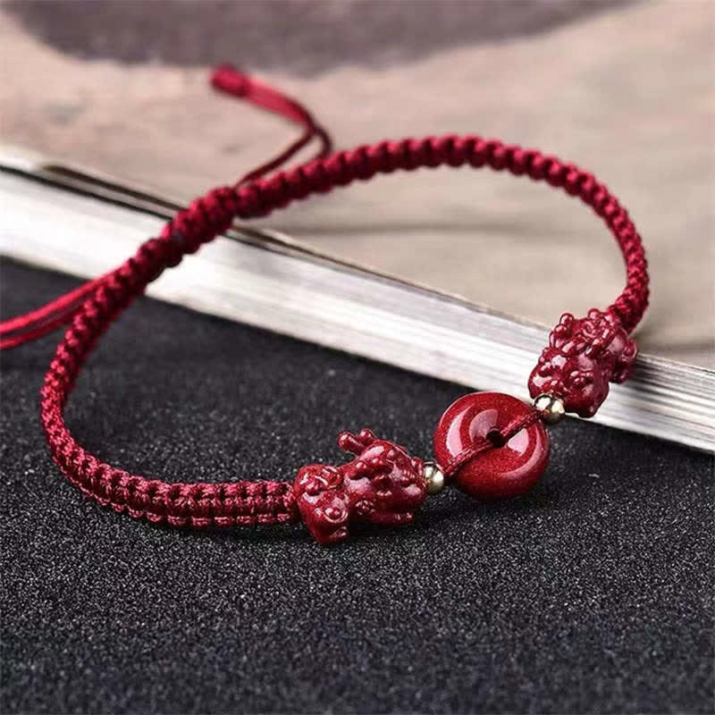 Pulsera de hilo rojo con hebilla de paz y moneda de cobre con bendición de PiXiu y cinabrio de Buddha Stones