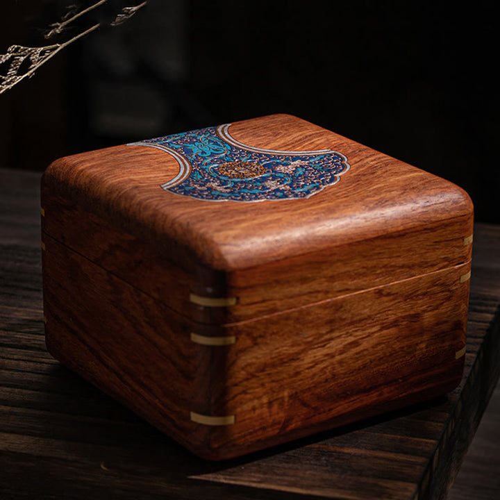 Caja organizadora de regalo de madera, caja de almacenamiento de joyería de palisandro hecha a mano con hoja de flor antigua