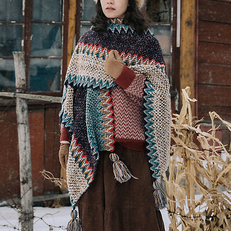 Mantón tibetano de Buddha Stones , bufanda cálida con borlas y patrón ondulado azul, Beige y rojo para invierno