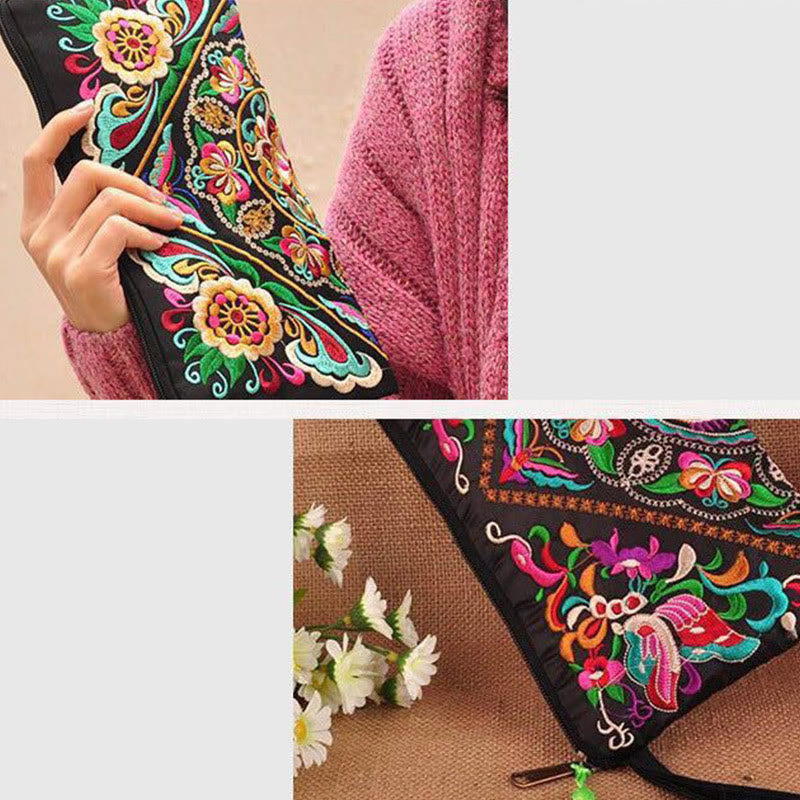 Cartera de compras con bordado de flores de Buddha Stones, dragón, mariposa, cosmos