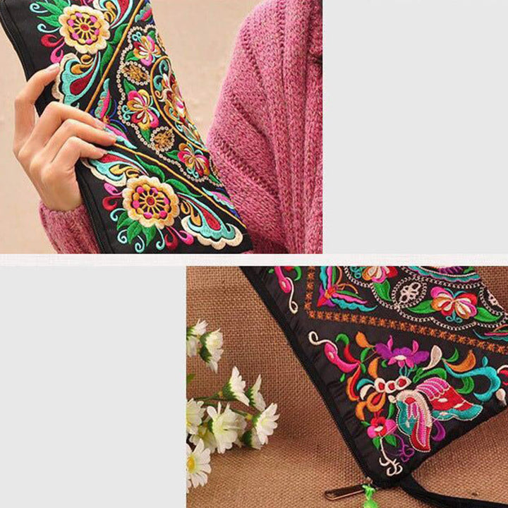 Cartera de compras con bordado de flores de Buddha Stones, dragón, mariposa, cosmos