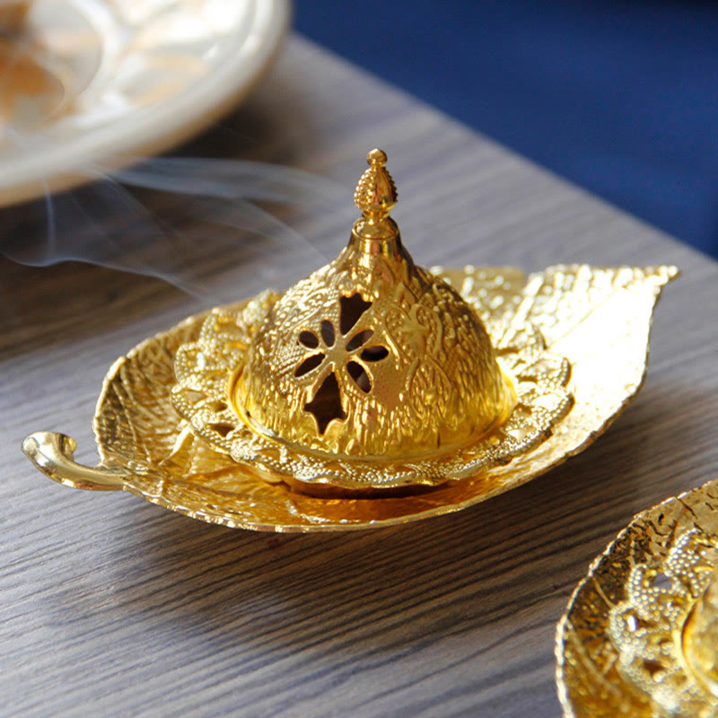 Quemador de incienso de meditación con posavasos de mini hojas de oro tibetano