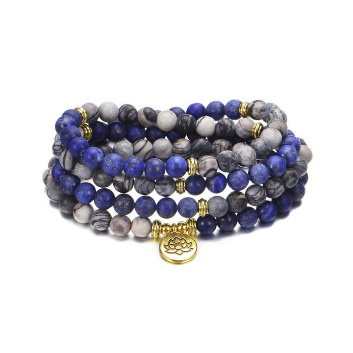 Pulsera de cuentas de oración con Buddha Stones , lazurita, lapislázuli, jaspe Picasso, amazonita, rodonita, apatita y loto positivo. - image 4