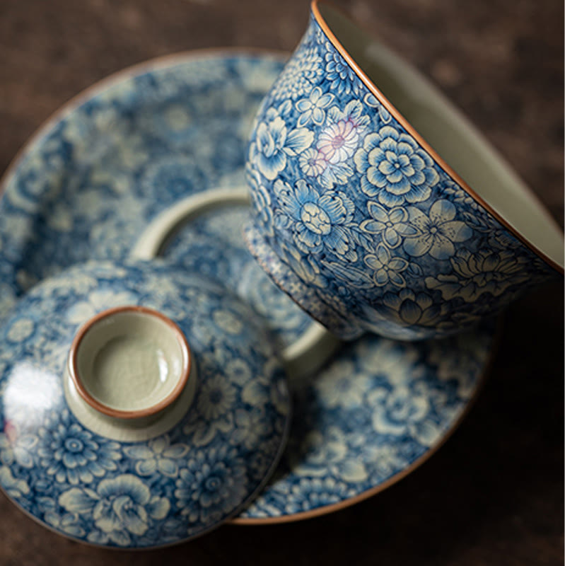 Buddha Stones azul y blanca vintage Flor de durazno Loto Peonía Cerámica Gaiwan Sancai Taza de té Kung Fu Taza de té y platillo con tapa - image 5