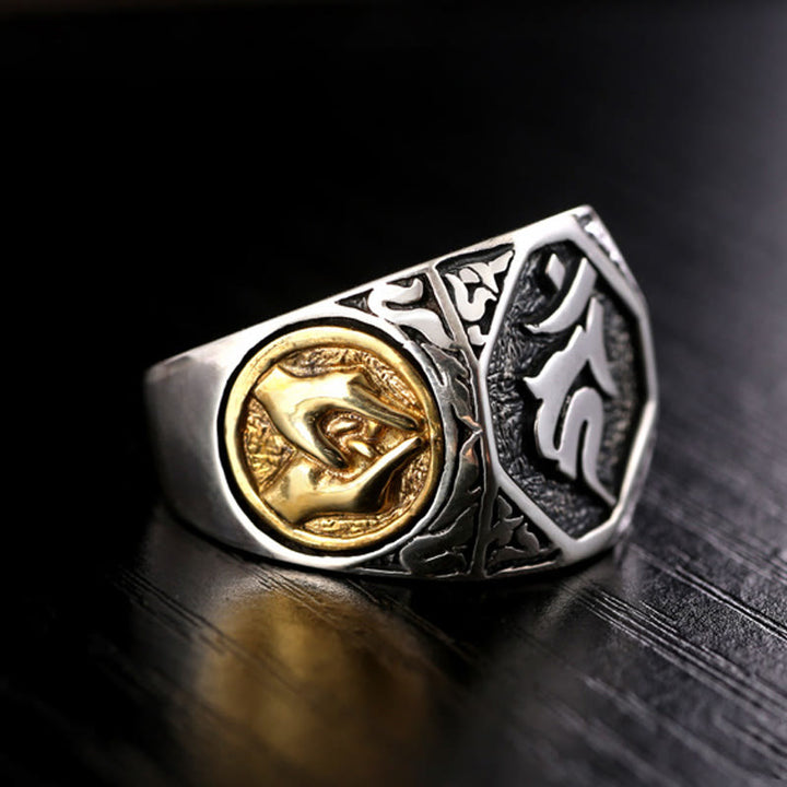 Anillo ajustable de protección tallada con diseño sánscrito de plata de ley 925 con Buddha Stones