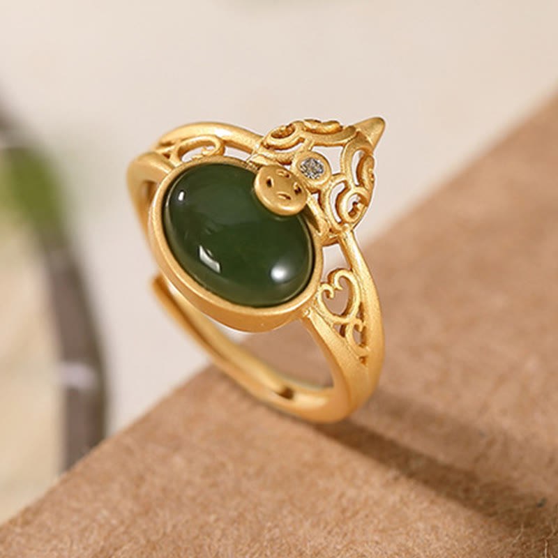 Anillo ajustable de la suerte del éxito de la moneda de cobre del jade cian de la calabaza de las Buddha Stones