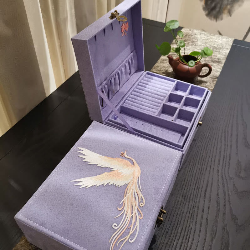 Caja organizadora de joyería de Fénix púrpura con Buddha Stones , caja de almacenamiento de joyería de dos capas, caja de franela